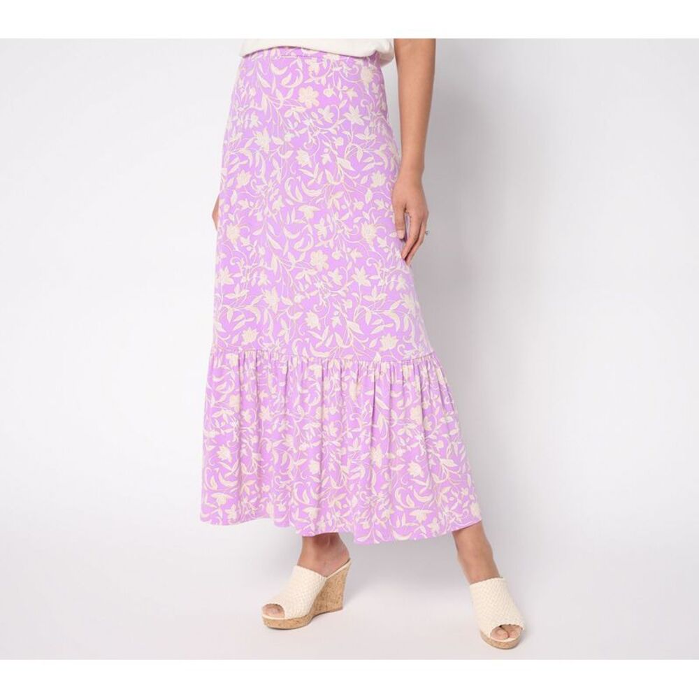 Susan Graver Women's Skirt Sz M Printed Liquid Knit Tiered Maxi Purple A644532